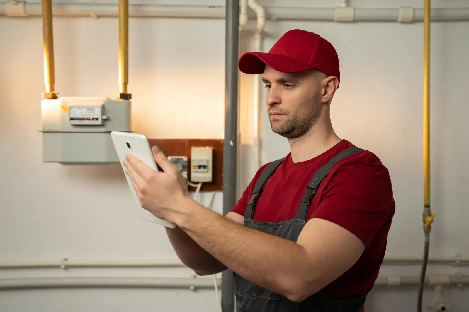 Technicien professionnel inspectant un système de chauffage résidentiel